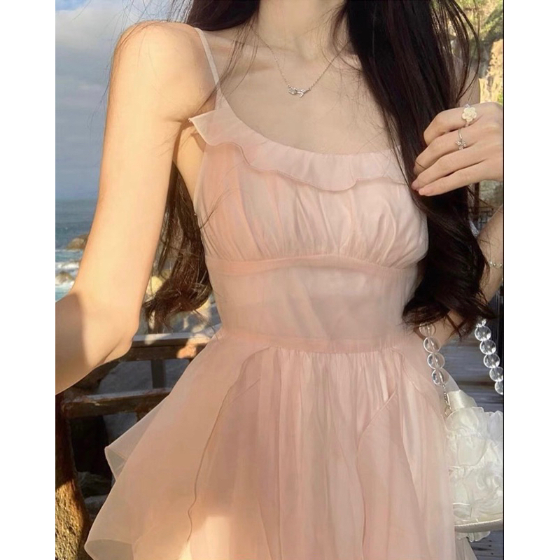 SET ĐẦM MIDI 2 DÂY KEM PHỐI BÈO KÈM ÁO CROPTOP KHOÁC TRẮNG