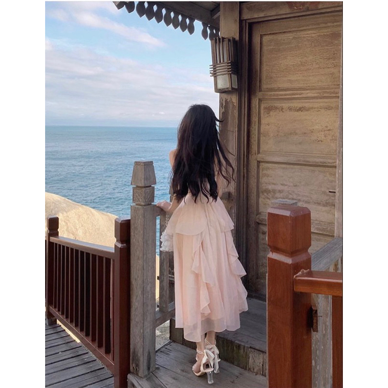 SET ĐẦM MIDI 2 DÂY KEM PHỐI BÈO KÈM ÁO CROPTOP KHOÁC TRẮNG