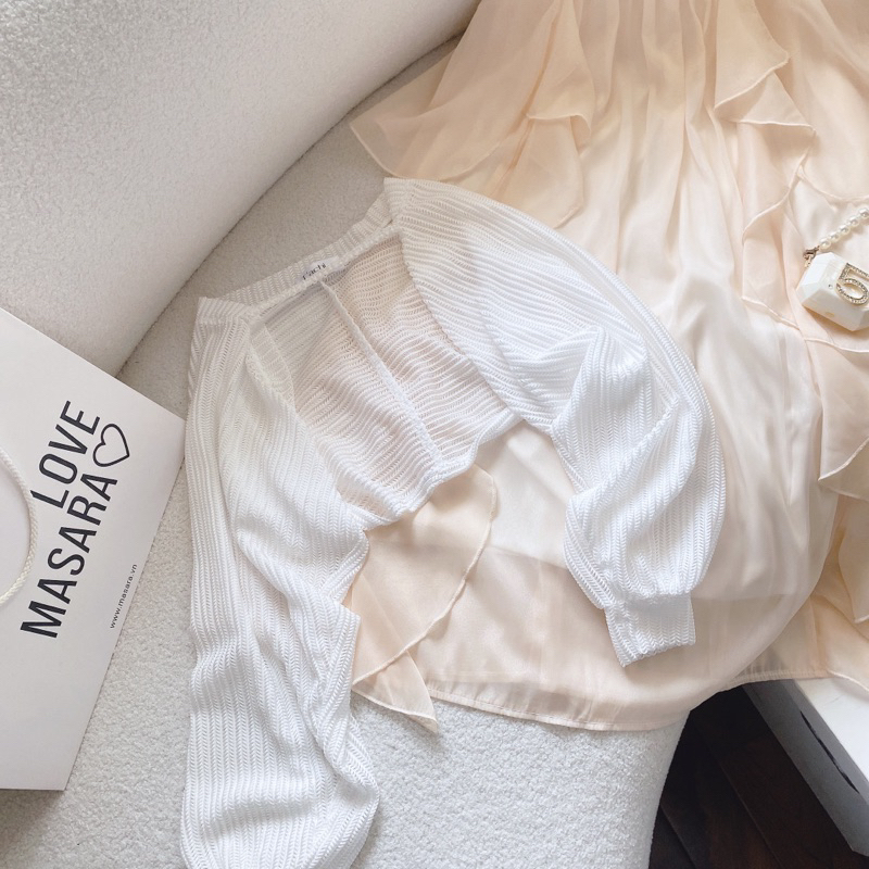 SET ĐẦM MIDI 2 DÂY KEM PHỐI BÈO KÈM ÁO CROPTOP KHOÁC TRẮNG