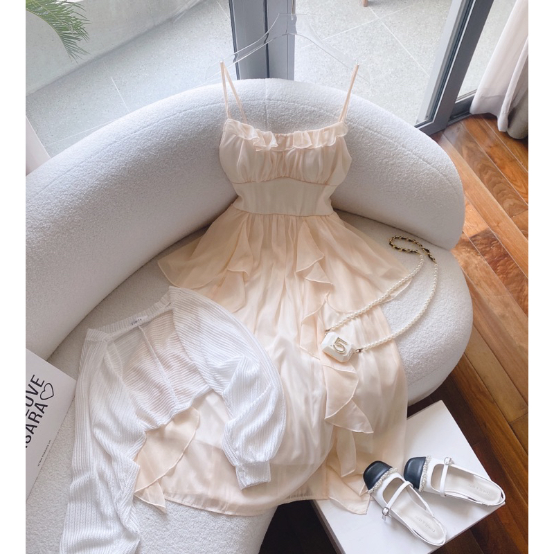 SET ĐẦM MIDI 2 DÂY KEM PHỐI BÈO KÈM ÁO CROPTOP KHOÁC TRẮNG