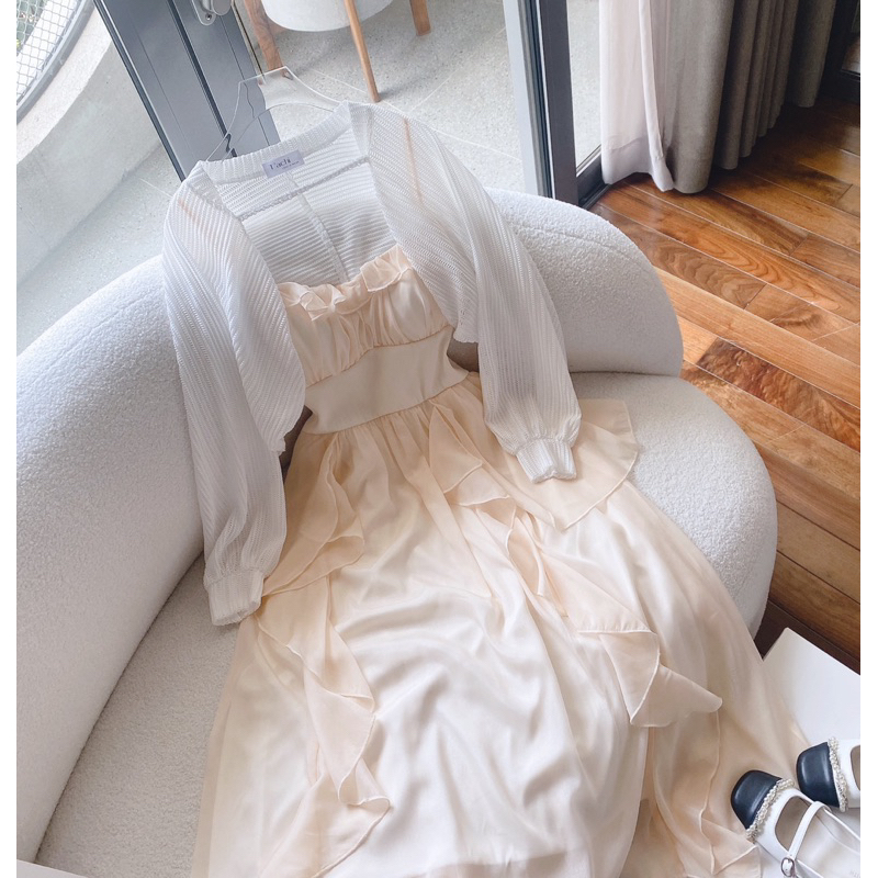 SET ĐẦM MIDI 2 DÂY KEM PHỐI BÈO KÈM ÁO CROPTOP KHOÁC TRẮNG