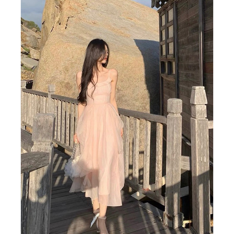 SET ĐẦM MIDI 2 DÂY KEM PHỐI BÈO KÈM ÁO CROPTOP KHOÁC TRẮNG