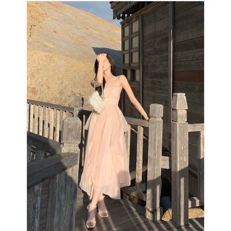 SET ĐẦM MIDI 2 DÂY KEM PHỐI BÈO KÈM ÁO CROPTOP KHOÁC TRẮNG