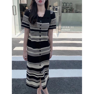 Đầm dệt kim cổ polo dáng ôm họa tiết kẻ sọc ngang thời trang sang trọng cho nữ Đầm Thun polo Ngắn Tay Họa Tiết Sọc Ngang