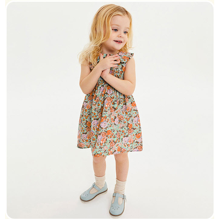 Đầm bé gái LITTLE MAVEN cotton hoa xanh nhúng ngực 4-6 tuổi