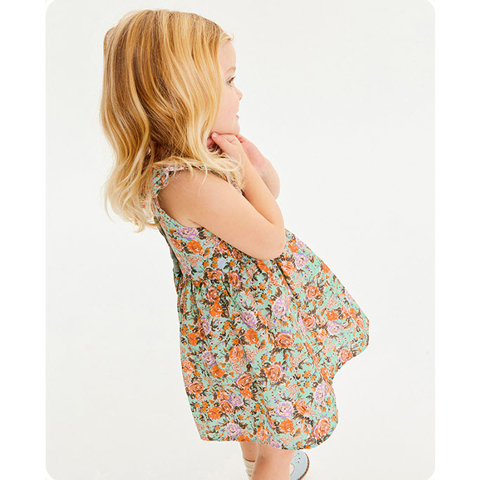 Đầm bé gái LITTLE MAVEN cotton hoa xanh nhúng ngực 4-6 tuổi