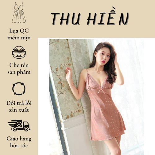 Váy ngủ lụa đơn giản chấm bi - dáng chữ A- có mút đệm kèm - hàng quảng châu cao cấp