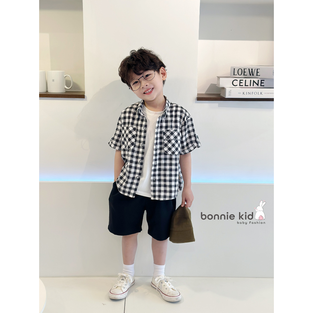 Áo sơ mi kẻ phối túi cho bé trai sành điệu - Sơ mi bé trai kiểu dáng hàn quốc dễ phối đồ, thấm hút mồ hôi