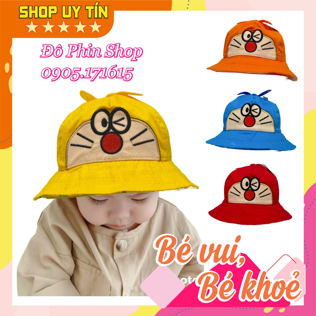 Mũ vành nón bo vải cotton mịn mát cho bé sơ sinh đến 2 tuổi hình đô rê mon doraemon dễ thương