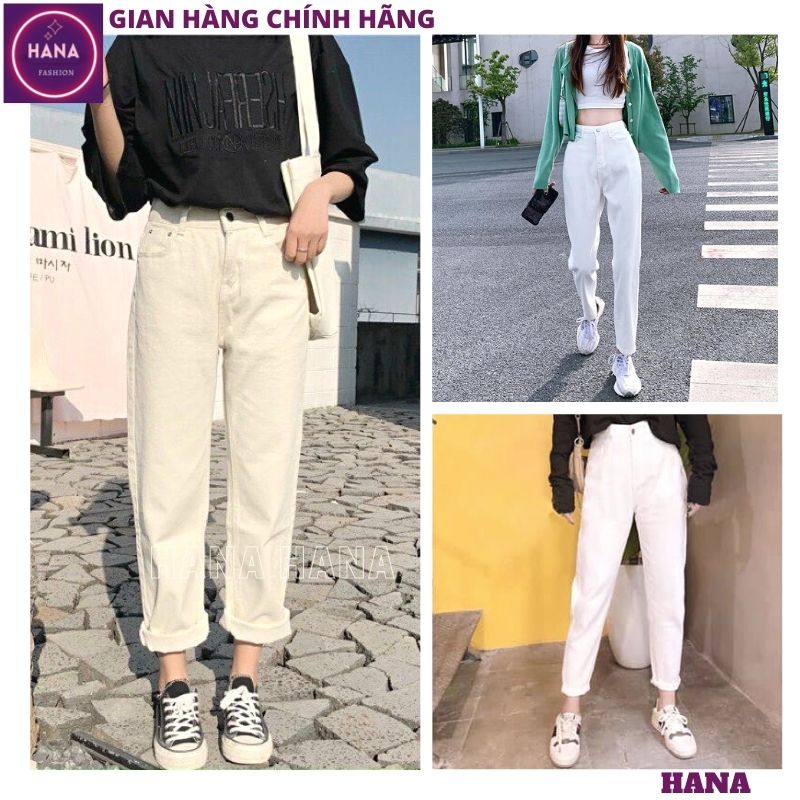 Quần baggy bò trắng trơn lưng cao năng động thời trang, Quần jean nữ trơn ống đứng cá tính phong cách Hàn quốc - HANA