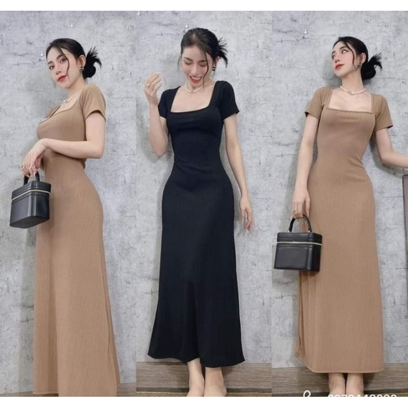 ĐẦM MIDI CỔ VUÔNG DÁNG DÀI, ĐẦM MAXI THUN GÂN DÁNG DÀI