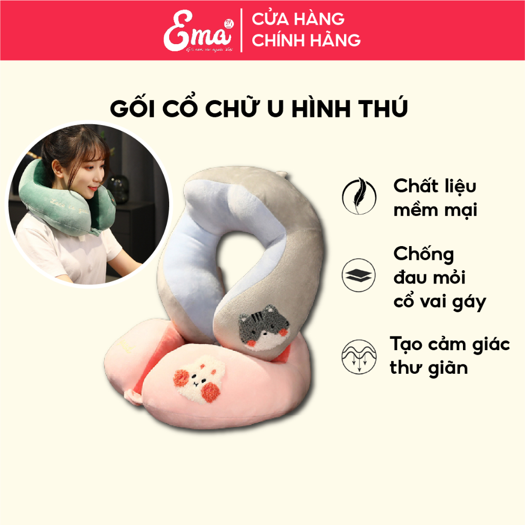 Gối chữ U kê cổ hình thú Ema ruột bông PP êm ái có cúc cố định giúp thư giãn và giảm đau cổ vai gáy