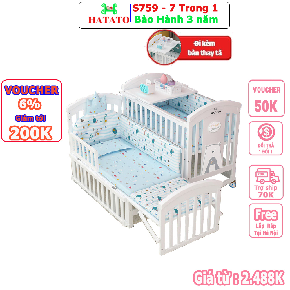 Nôi Cũi Cho Bé Đa Năng S759 Hatato Cũi có 7 chức năng có thể chuyển thành giường lớn và làm quây cũi cho bé