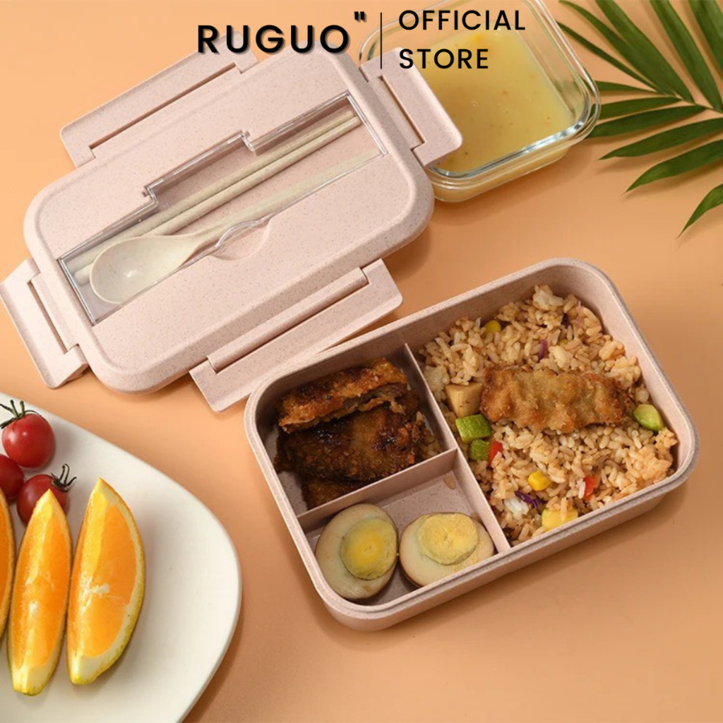 Hộp đựng cơm RUGO 1000ml tặng kèm đũa thìa dùng được trong lò vi sóng an toàn cho sức khỏe