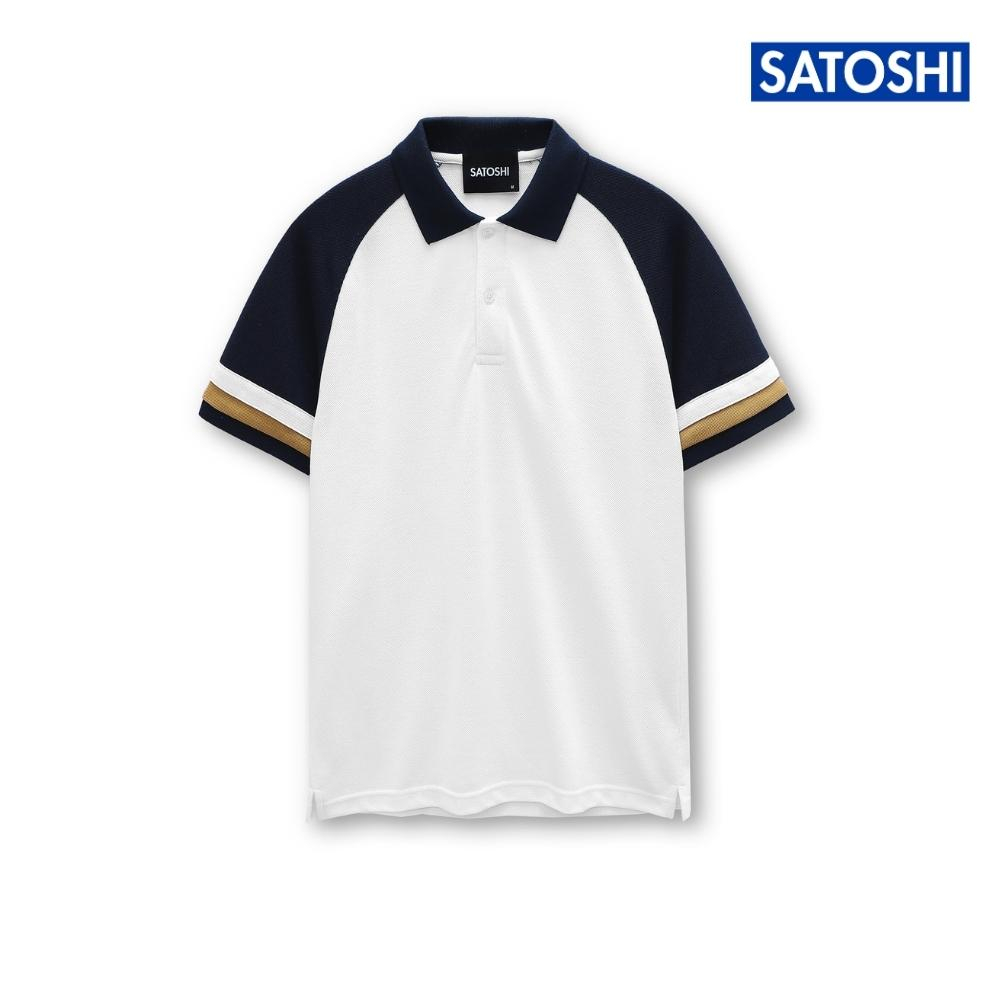 | Satoshi | Áo Polo nam SAPL68  Diamond Pique Raglan màu trắng viền cổ navy phối tay xanh