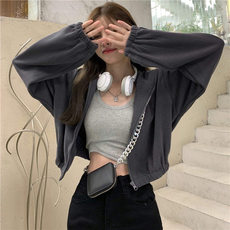 Áo khoác nỉ croptop lửng có mũ trùm khóa kéo xu hướng phong cách Hàn Quốc thời trang xuân hè năng động cho nữ