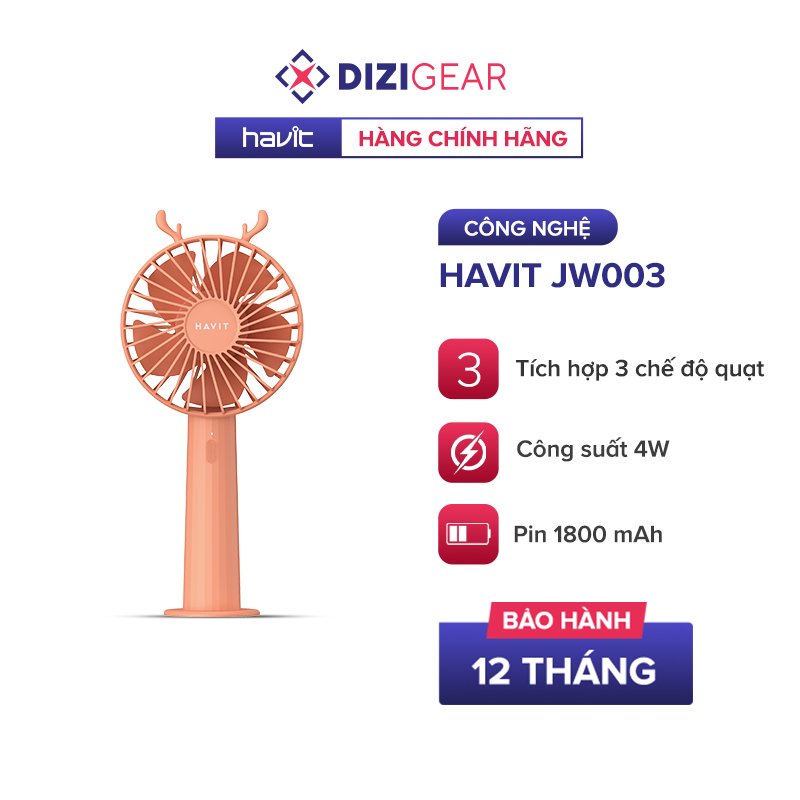 Quạt Sạc Mini Cầm Tay Havit JW003, Pin 1800mAh, 3 Công Suất Gió - Chính Hãng BH 12 Tháng Dizigear