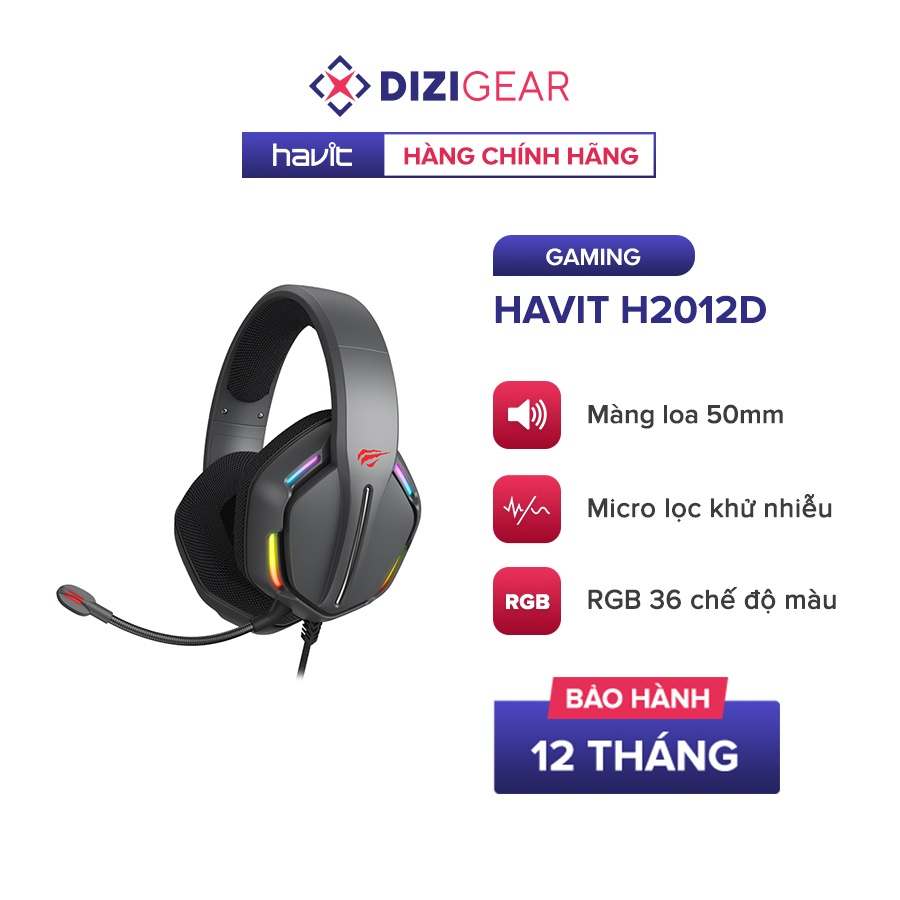 Tai Nghe Gaming Headphone HAVIT H2012D, Driver 50mm, Đèn RGB 36 Chế Độ Màu, Mic Khử Ồn - Chính Hãng BH 12 Tháng Dizigear