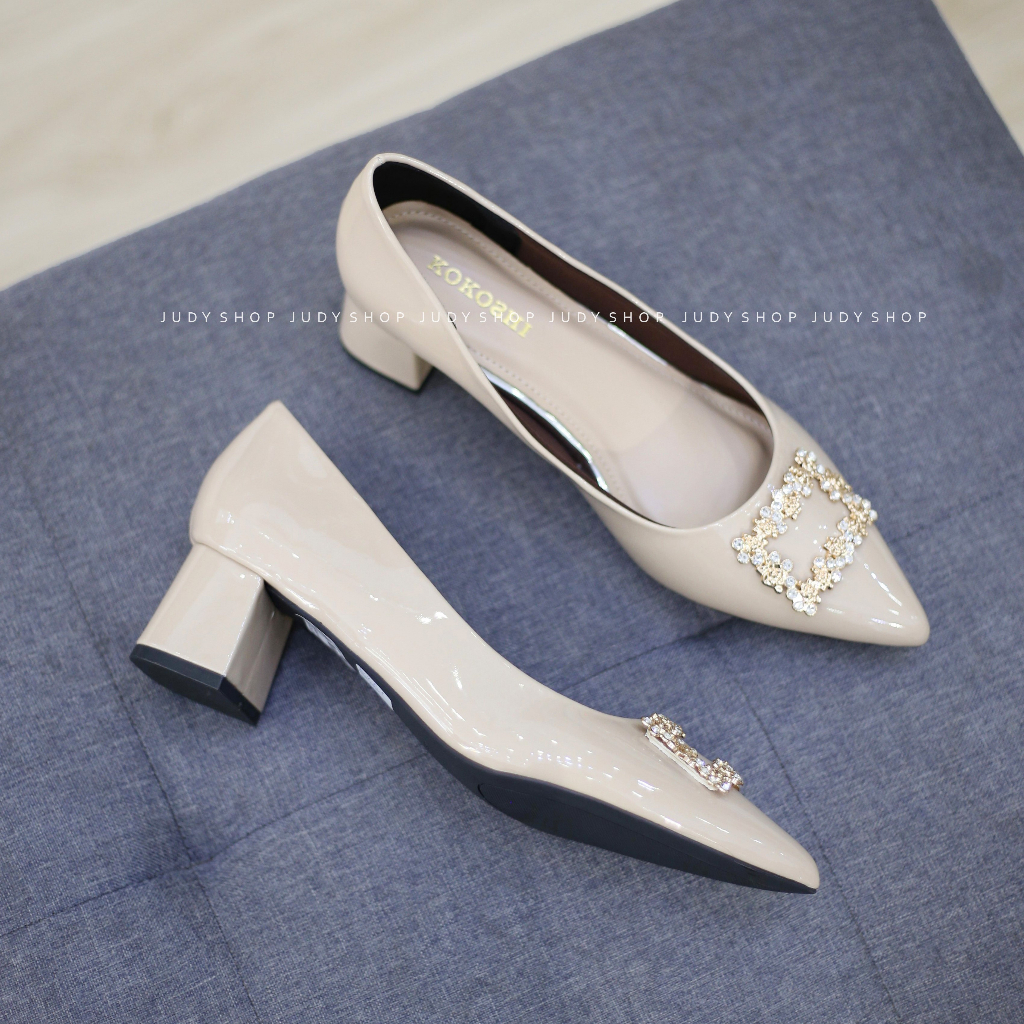 Giày Gót Vuông KOKOSHI Khuy Hoạ Tiết Cao 5p VNXK