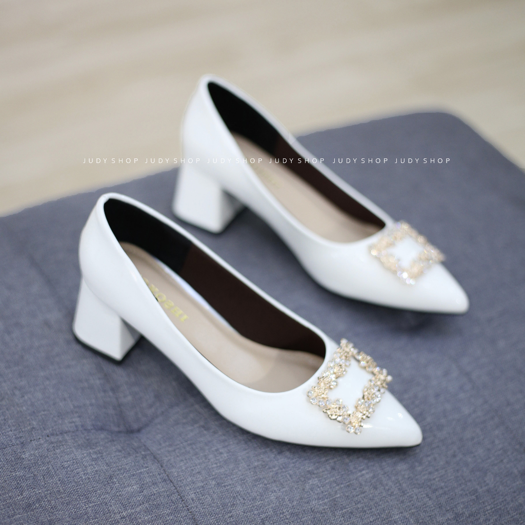 Giày Gót Vuông KOKOSHI Khuy Hoạ Tiết Cao 5p VNXK