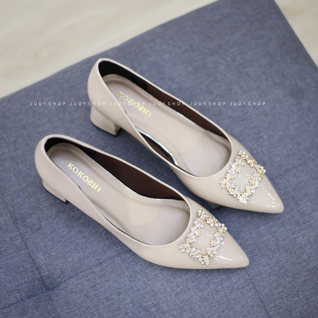 Giày Gót Vuông KOKOSHI Khuy Hoạ Tiết Cao 5p VNXK