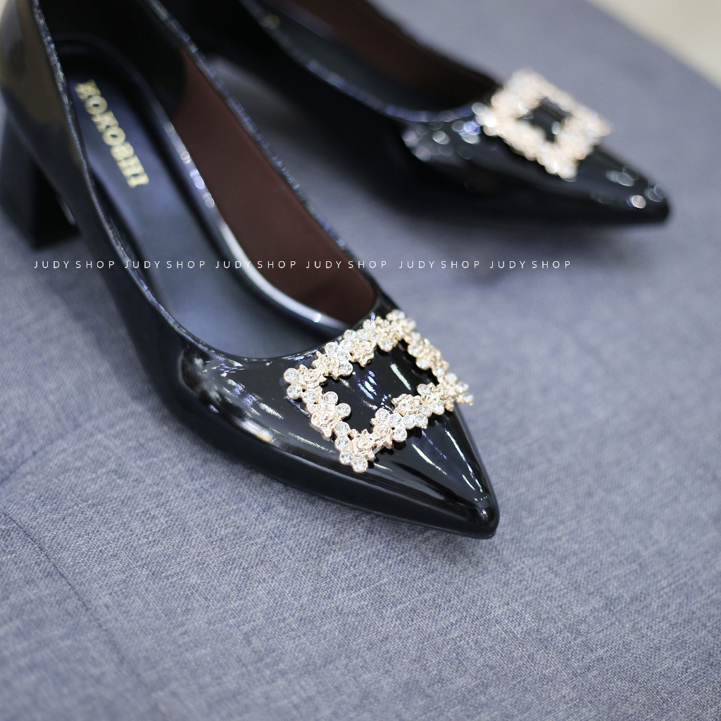 Giày Gót Vuông KOKOSHI Khuy Hoạ Tiết Cao 5p VNXK