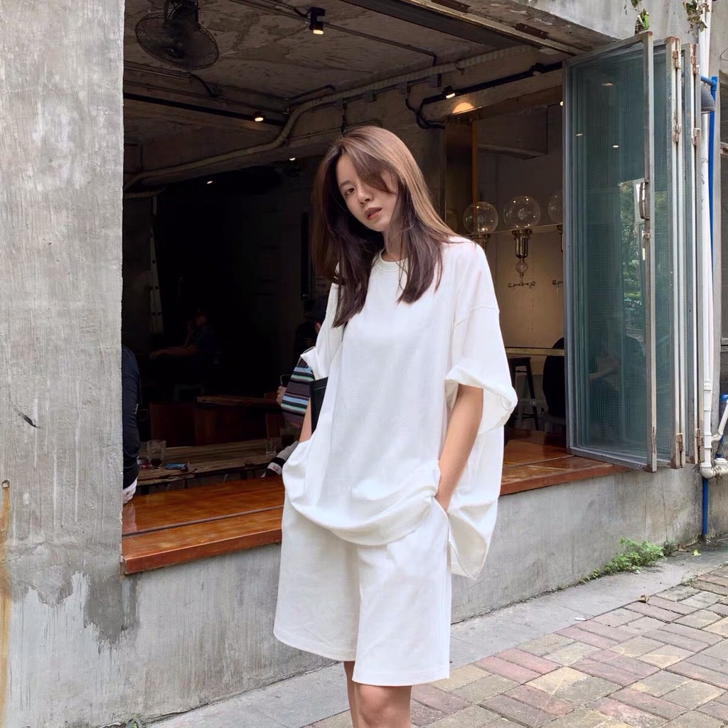 Áo thun nỉ cộc tay kèm quần short rộng rãi SQ066 phong cách Streetstyle cực đẹp dành cho các chị em