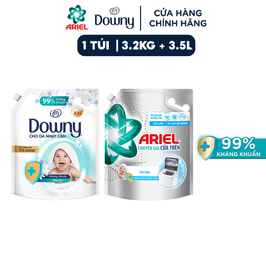 Combo Nước Giặt ARIEL Dịu Nhẹ Túi 3.25Kg/3.2Kg Và Nước Xả Vải DOWNY Cho Da Nhạy Cảm 3.5L