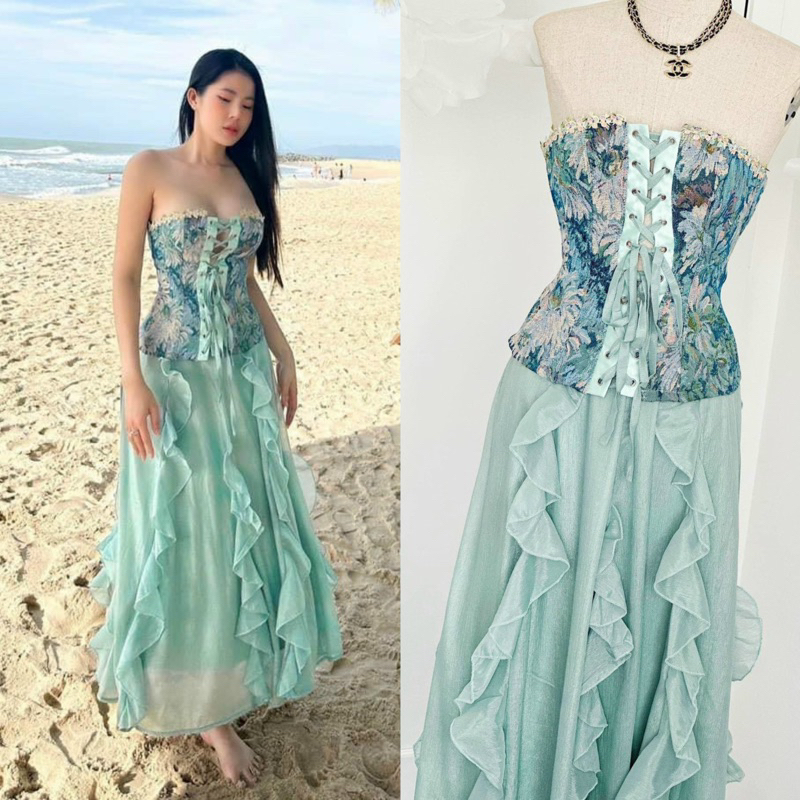 (Có đệm ngực) set áo cúp ngực thổ cẩm đan dây mix chân váy bèo