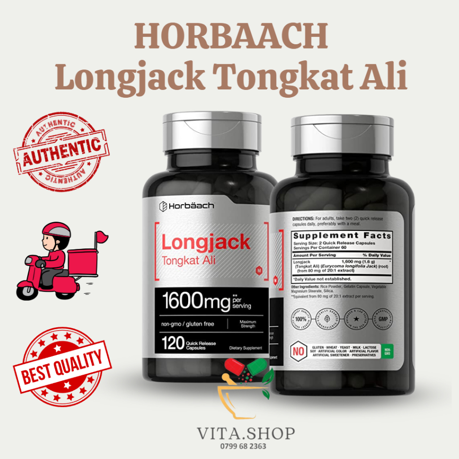 Horbaach Longjack Viên uống Tongkat Ali 1600mg hỗ trợ sức bền, tăng cường sinh lý và giảm căng thẳng 120 viên