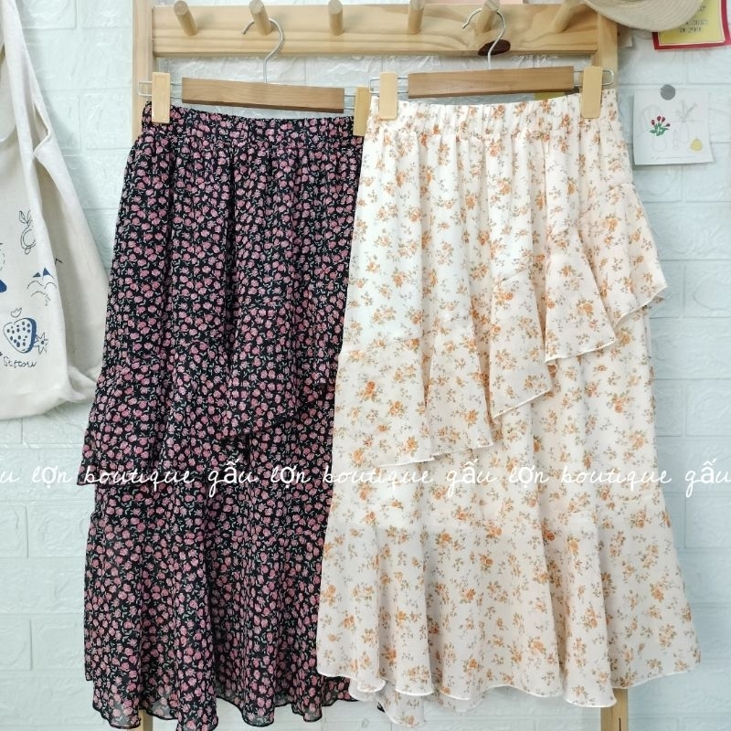 Chân váy midi chấm bi hoa nhí bèo chéo ulzzang hàn quốc