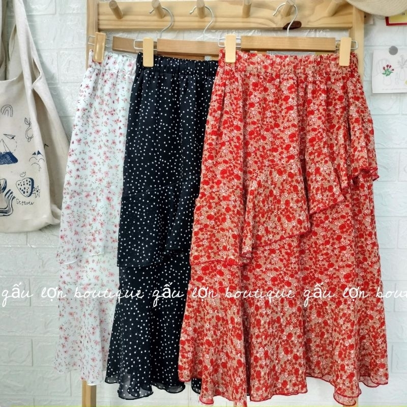 Chân váy midi chấm bi hoa nhí bèo chéo ulzzang hàn quốc