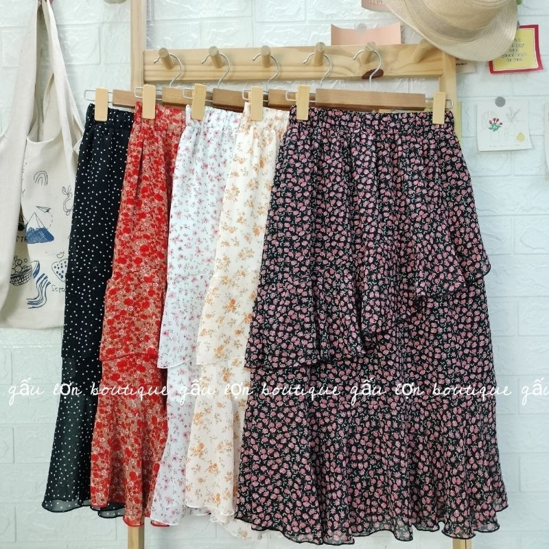 Chân váy midi chấm bi hoa nhí bèo chéo ulzzang hàn quốc