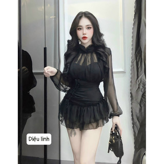 Đầm voan tay dài rút dây