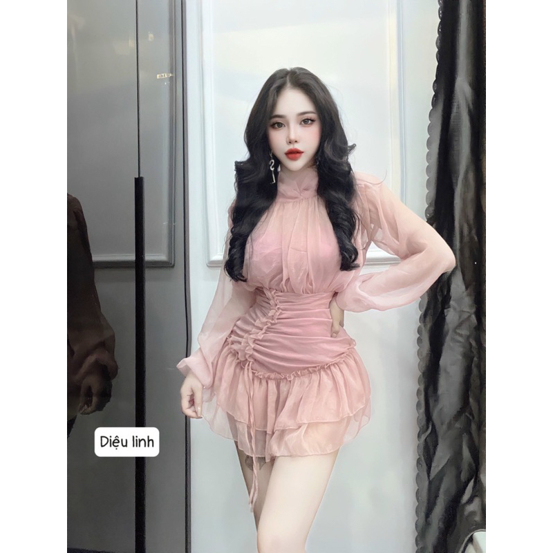 Đầm voan tay dài rút dây