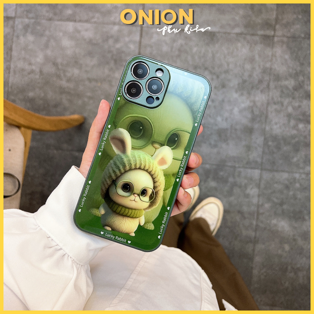 Ốp thỏ nền xanh lá lưng kính dành cho iPhone Xsmax 11 12 13 14 Pro Promax