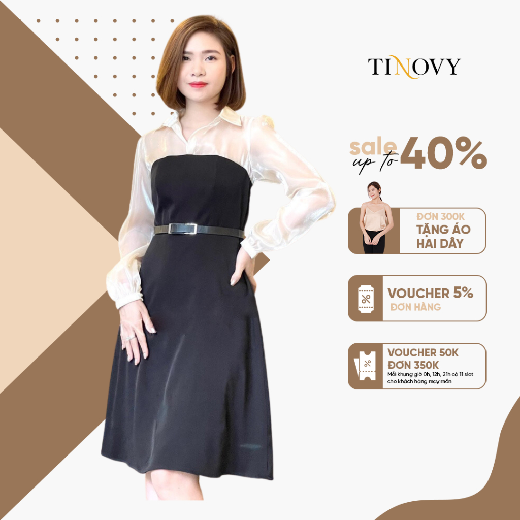 Đầm nữ đen phối tơ cổ sơ mi dài tay TINOVY D221019