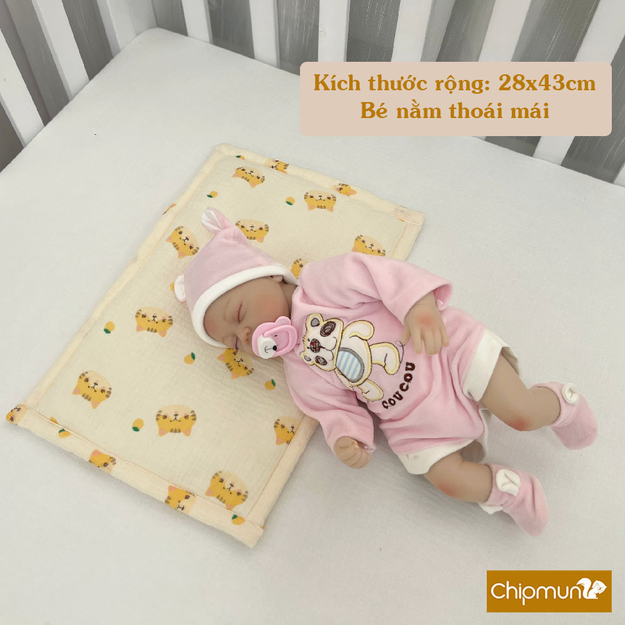 Gối lót đầu xô muslin cao cấp CHIPMUNK cho bé sơ sinh, thấm mồ hôi trộm, không gây kích ứng da - KT 28x43cm cao 1cm