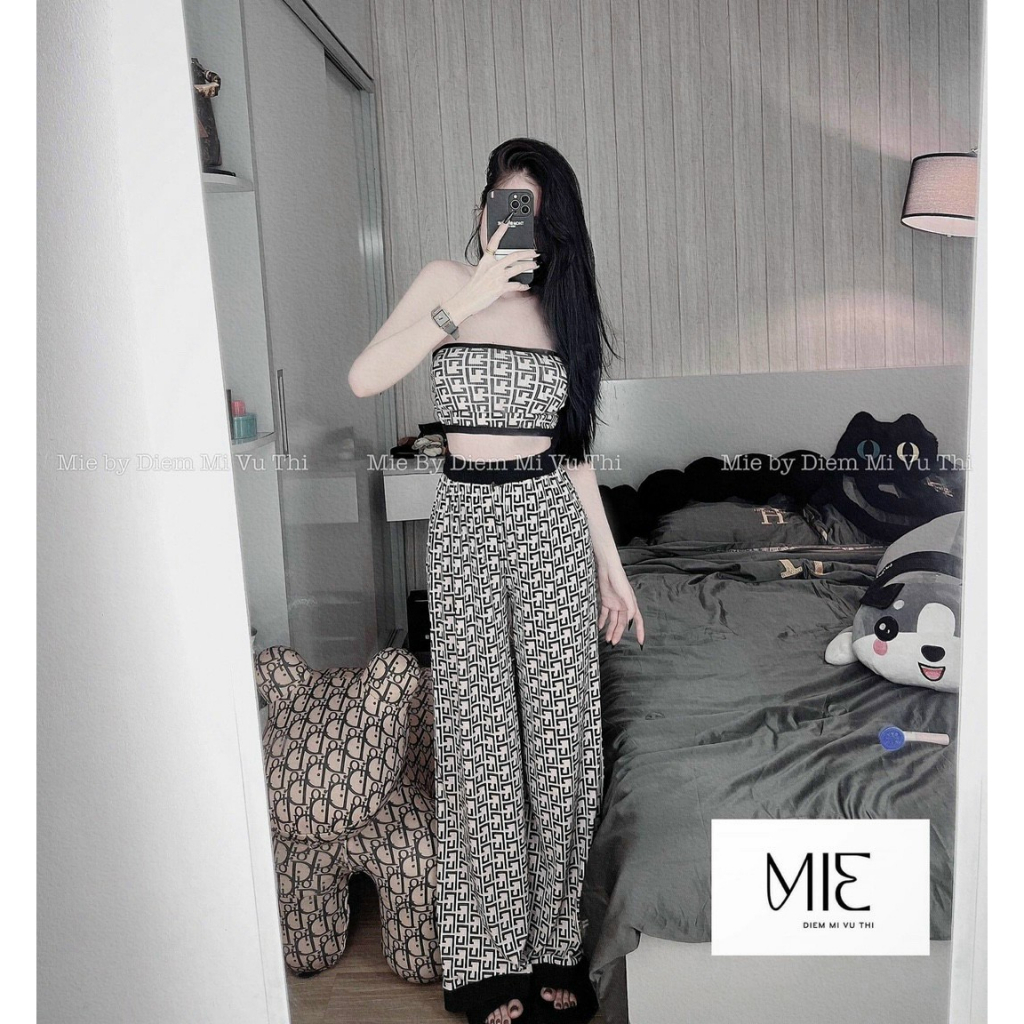 Set bộ thun in kín họa tiết phối quần dài, set áo thun cup ngực in chữ croptop mix quần dài ống suông 2 màu cá tính mtb