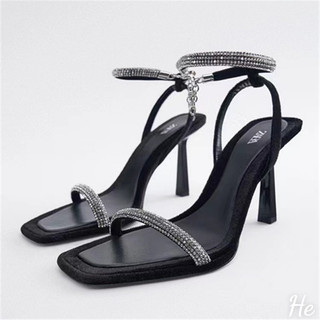 Sandal Zara quai đá viền nỉ gót nhỏ 7cm