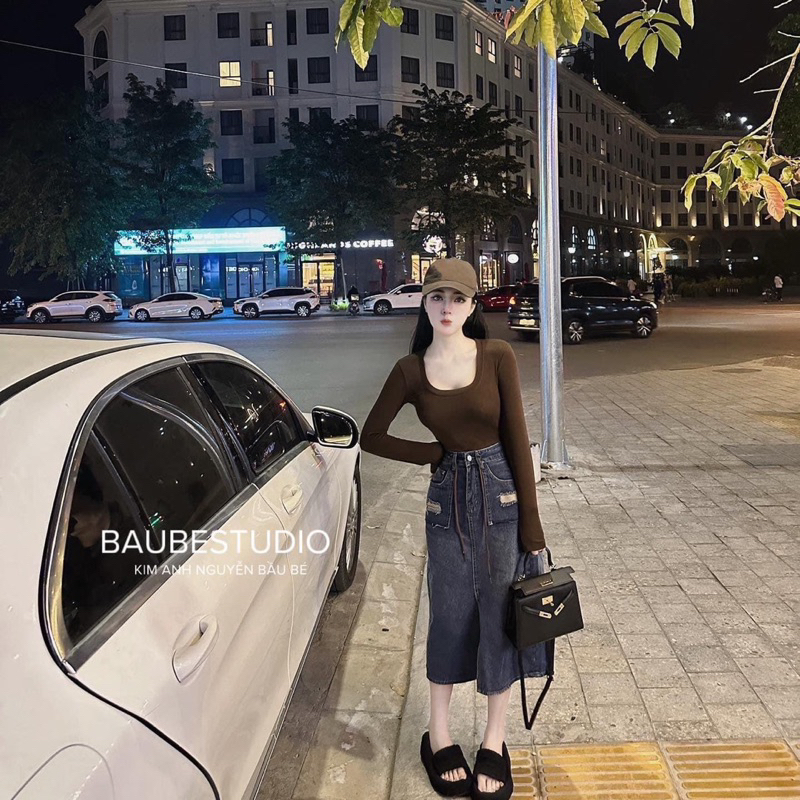 Chân váy Jean cạp cao dài  Xẻ Giữa kèm dây rút Dáng Ullzang Thiết Kế Trẻ Trung Siêu Hot Cực Xinh