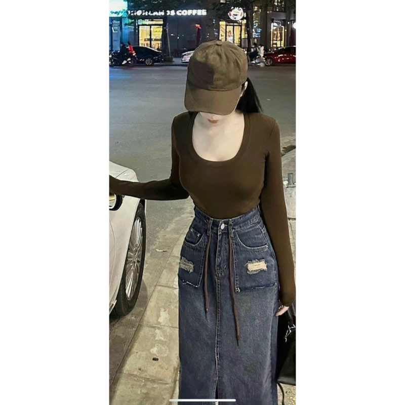 Chân váy Jean cạp cao dài  Xẻ Giữa kèm dây rút Dáng Ullzang Thiết Kế Trẻ Trung Siêu Hot Cực Xinh
