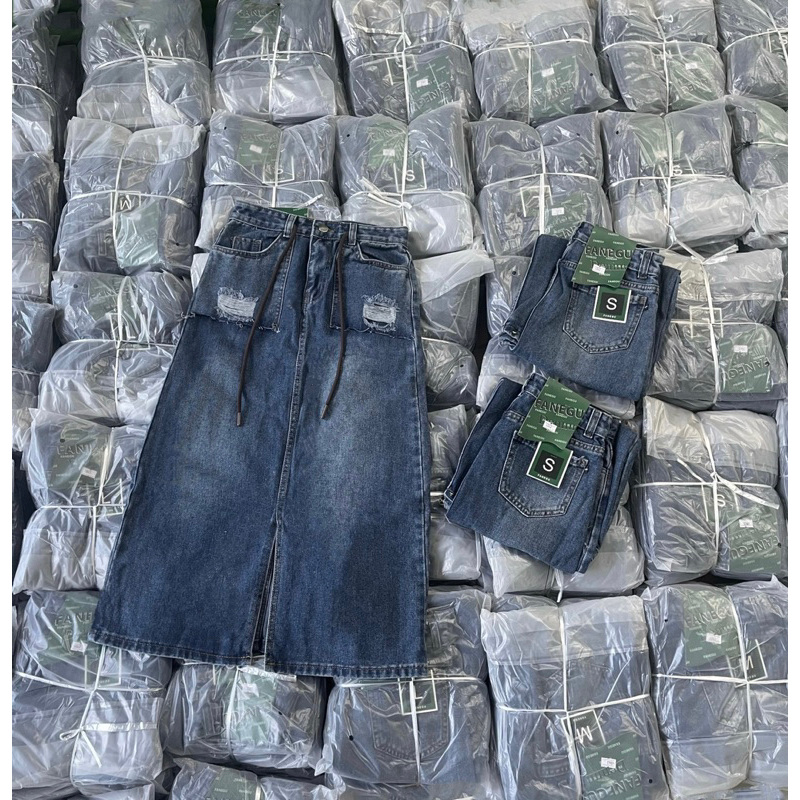 Chân váy Jean cạp cao dài  Xẻ Giữa kèm dây rút Dáng Ullzang Thiết Kế Trẻ Trung Siêu Hot Cực Xinh