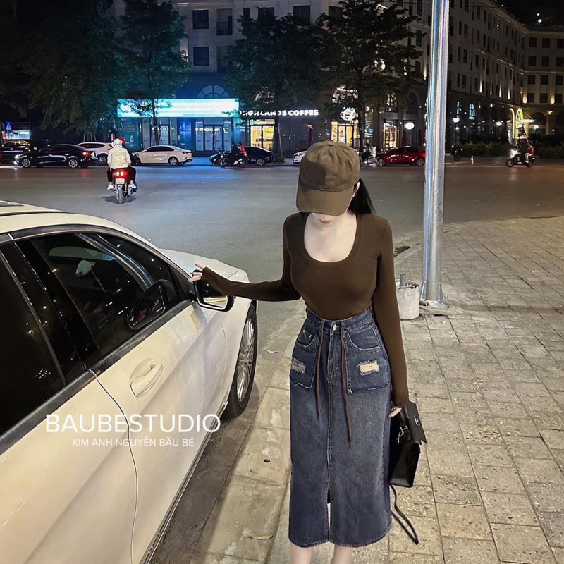 Chân váy Jean cạp cao dài  Xẻ Giữa kèm dây rút Dáng Ullzang Thiết Kế Trẻ Trung Siêu Hot Cực Xinh