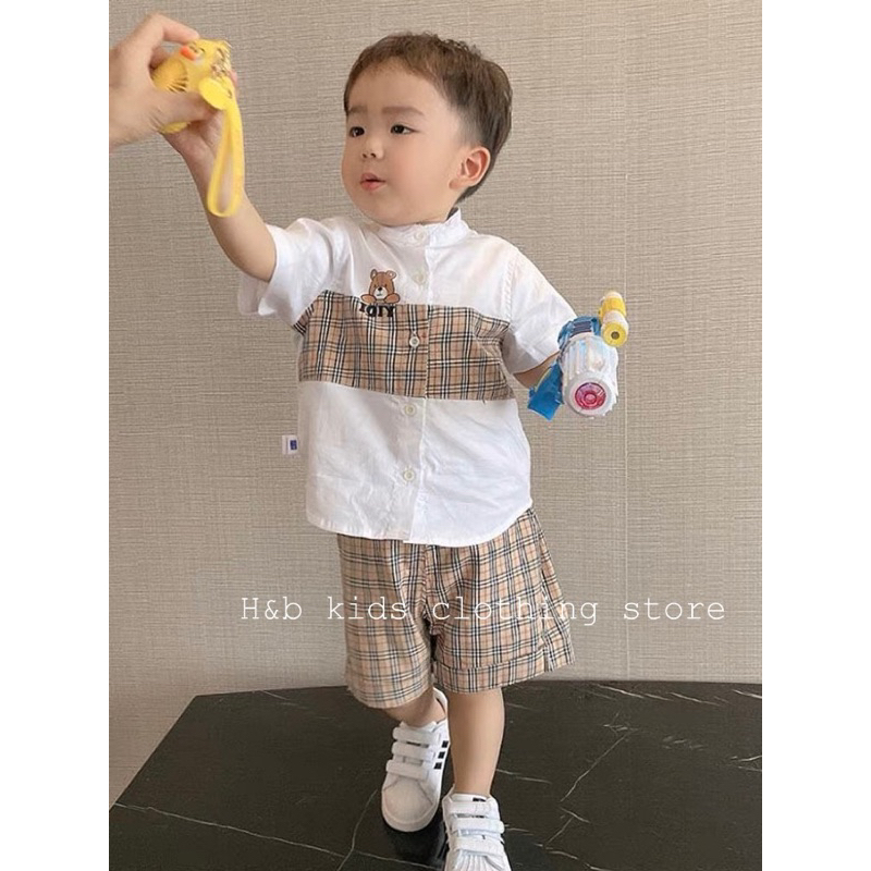 Set sơmi trắng phối Caro gấu cho bé trai - Tocxumi