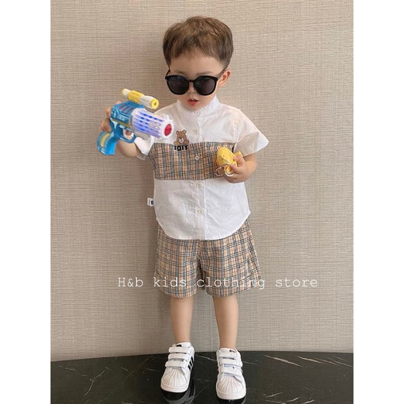 Set sơmi trắng phối Caro gấu cho bé trai - Tocxumi