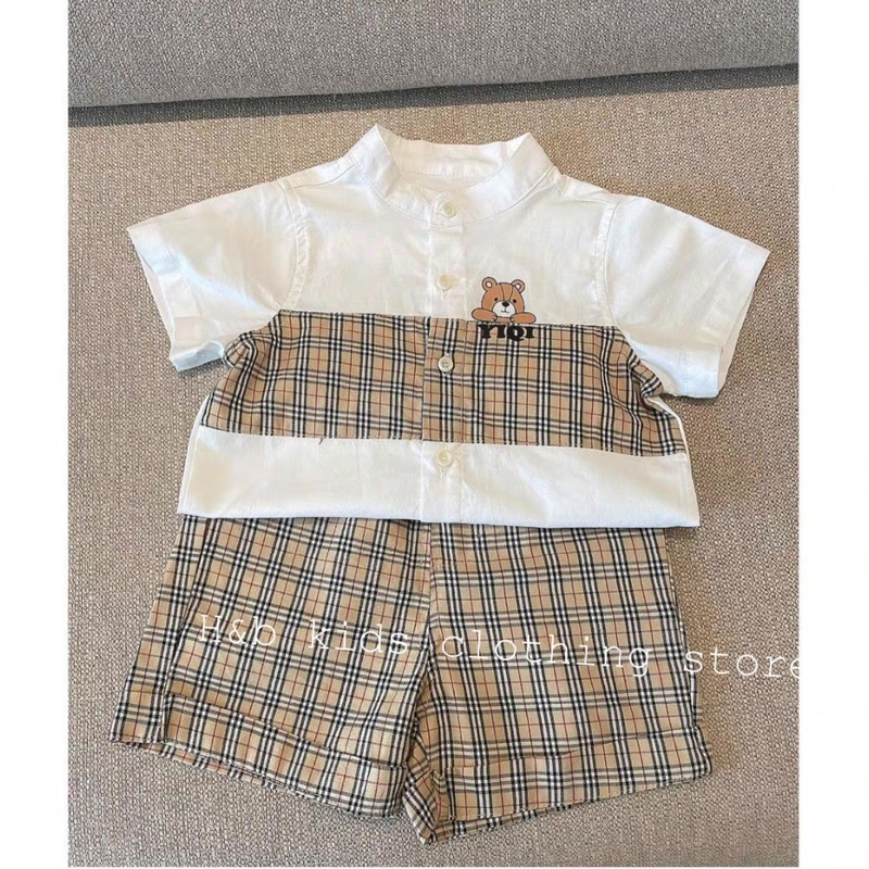 Set sơmi trắng phối Caro gấu cho bé trai - Tocxumi