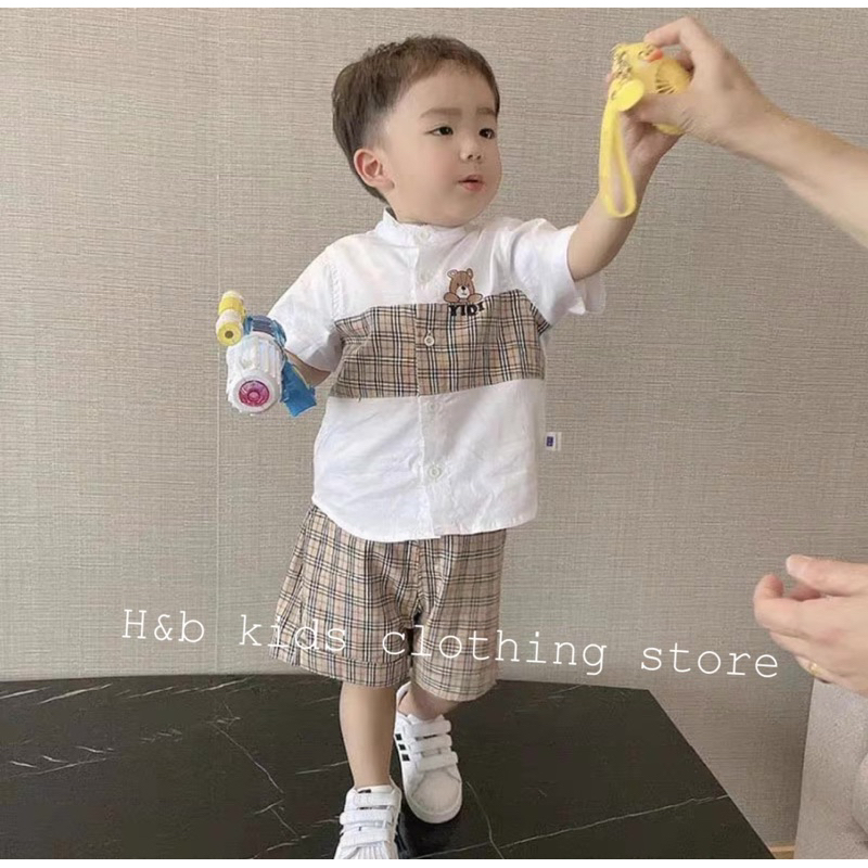 Set sơmi trắng phối Caro gấu cho bé trai - Tocxumi