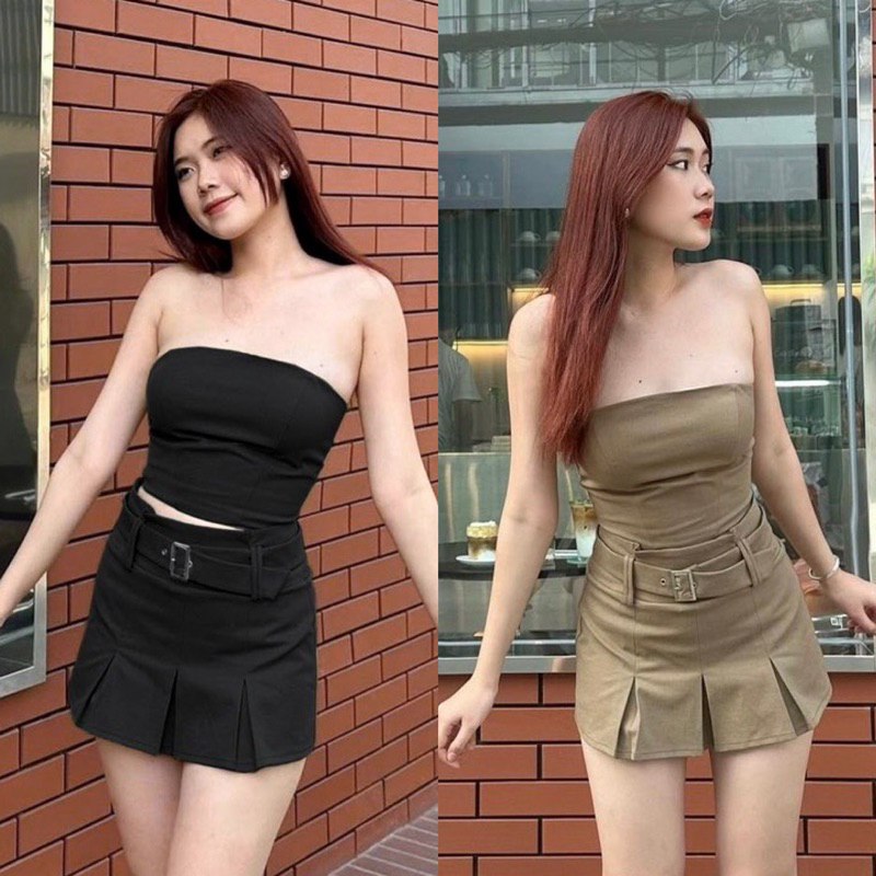 SET ÁO CROPTOP ỐNG + CHÂN VÁY XẾP LY PHỐI BELT