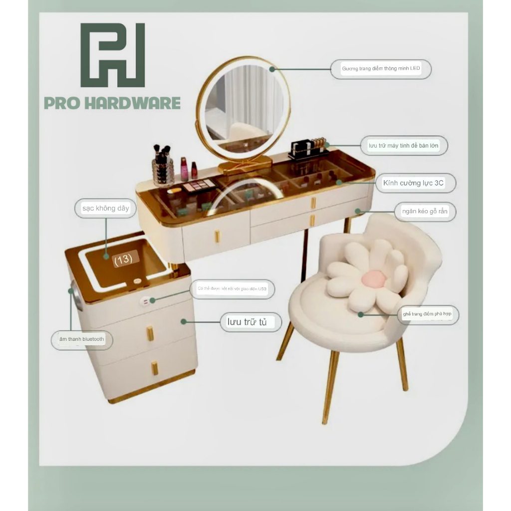 Bàn trang điểm phong cách Châu Âu Cao cấp 🌸 Gương Mây, Sạc Không Dây USB, Tích hợp loa Bluetooth Stereo